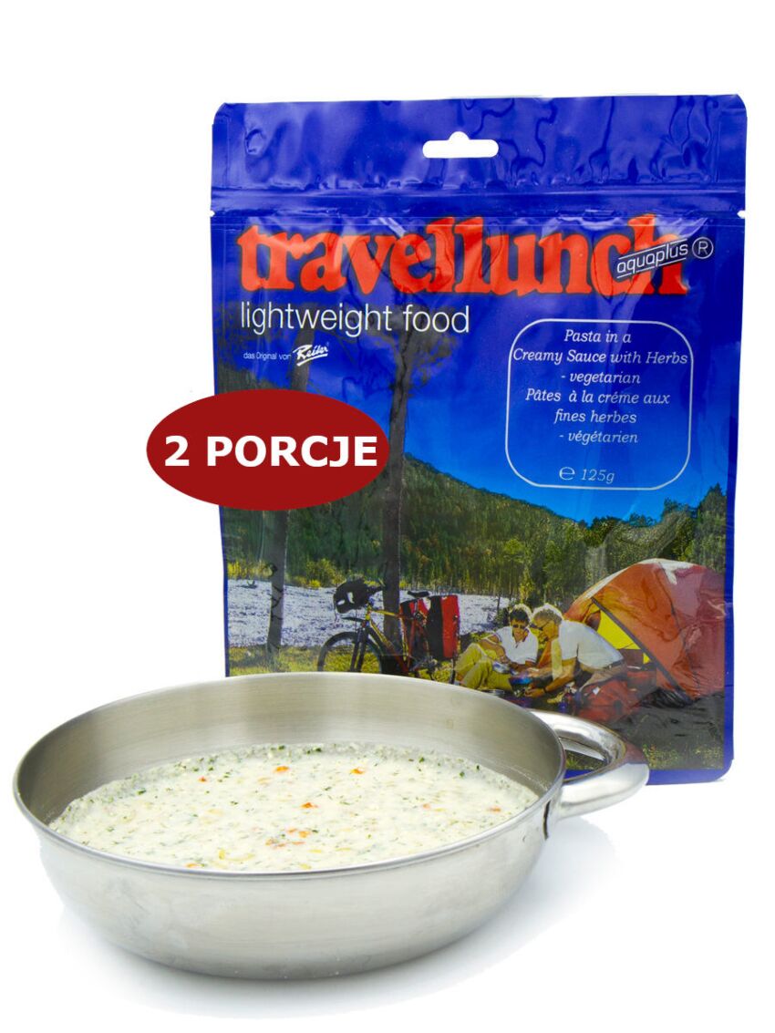 Liofilizowany makaron w sosie śmietanowym Travellunch Vege.