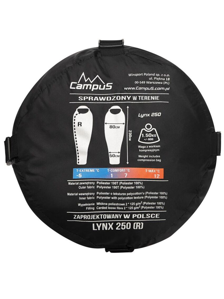 Śpiwór Campus Lynx 250 Mumia Kaptur Prawy