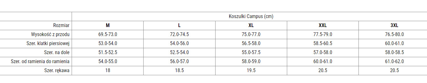 Tabela rozmiarowa koszulek marki Campus